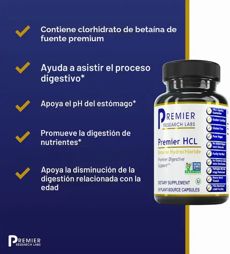 Vista 4 de Premier Research Labs Premier HCL - Betaína HCL, suplemento de clorhidrato de betaína para una función digestiva óptima, absorción de nutrientes