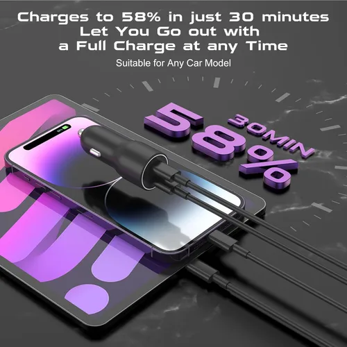 Vista 5 de Essri Cargador de coche rápido para iPhone 14 Pro 13 Pro Max 12 Mini 11 Pro SE X 8 Plus, cargador de coche con 2 unidades USB C de 3 pies