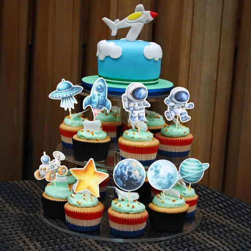 Vista 6 de Gyufise 36 piezas de astronauta espacial para cupcakes, planeta, cohete, telescopio, viaje a la luna, para cupcakes para el espacio exterior, baby