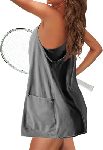 Vista 5 de UNIANKIYA Vestido de tenis para mujer, minivestido de entrenamiento con mameluco integrado, sin mangas, tirantes delgados, vestido de golf atlético