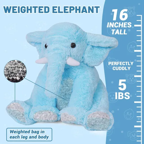 Vista 2 de JellyMallow Animales de peluche con peso de elefante, 5 libras y 16 pulgadas, color azul, almohada grande de peluche de elefante con peso, regalo