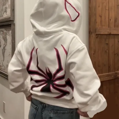Vista 4 de Sudadera con capucha y cremallera completa con estampado de araña, estampado de araña Y2k, sudadera con capucha con estampado de letras y letras