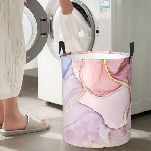 Vista 7 de Papelera de almacenamiento circular Protable con estampado de mármol púrpura y dorado, cesta para ropa sucia con asas ropa de dormitorio