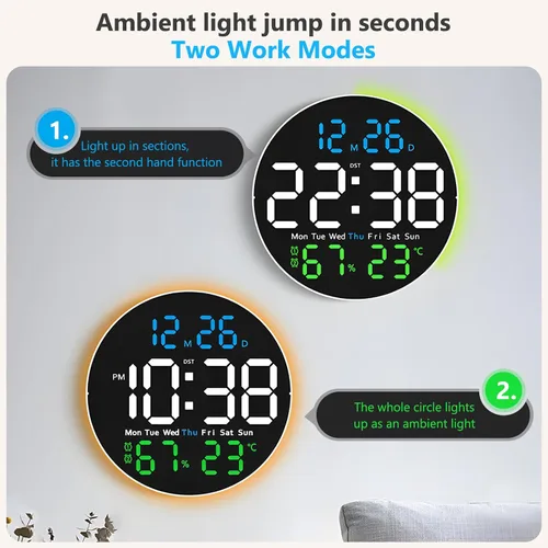 Vista 2 de Reloj de pared digital, pantalla LED grande de 10 pulgadas, reloj digital con luz RGB, control remoto, atenuador de brillo automático con luces