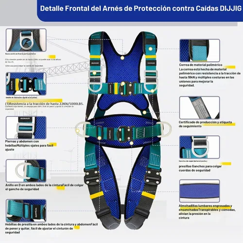 Vista 3 de DIJJIG Arnés de Seguridad de Protección Corporal Completa con Ajuste de 5 Puntos, Seguro y Cómodo, Posicionamiento de Construcción, Correas