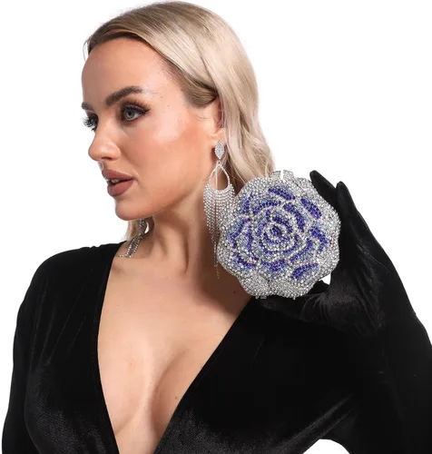 Vista 5 de Boutique De FGG Bolso de mano de cristal rosa para mujer, bolso de noche con flores, para boda, fiesta, graduación, novia, con diamantes