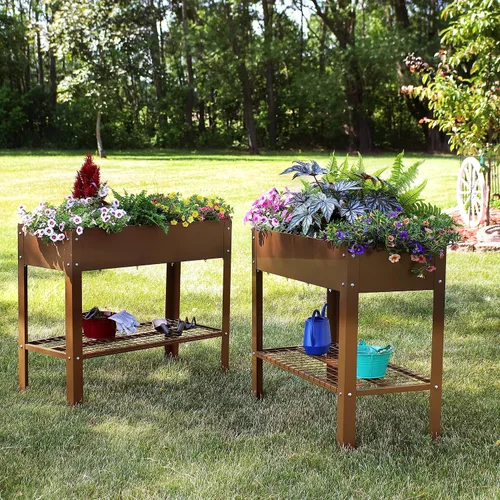 Vista 4 de Sunnydaze Cama de jardín elevada de acero galvanizado, juego de 2 jardineras elevadas, uso individual o conectado, cuenta con estante de Marrón