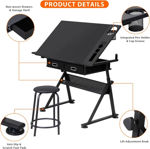 Vista 5 de Mesa de Dibujo Escritorio de Dibujo Estación de Trabajo de Arte y Manualidades Altura Ajustable Tablero Inclinable Mesa de Manualidades Escritorio