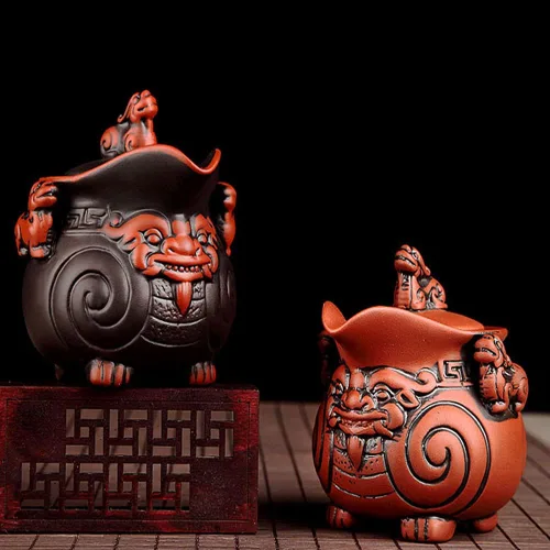 Vista 5 de Juego de tetera de cerámica hecha a mano, juego de tetera y taza de té chino Pi Xiu, tetera de porcelana Zisha Kung Fu, juegos de té de arcilla Negro