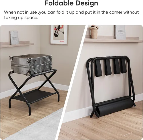 Vista 3 de Smuxee Portaequipajes Negro Paquete de 2, Soporte Plegable para Maletas con Estante de Almacenamiento de Tela, Portamaletas con 4 Correas de Nailon
