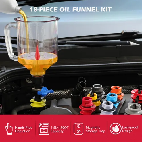 Vista 2 de Kit de embudo de aceite de motor de 18 piezas, juego de embudo de aceite automotriz de 1.59 QT/1.5L con 12 adaptadores, codo, pantalla de flecha