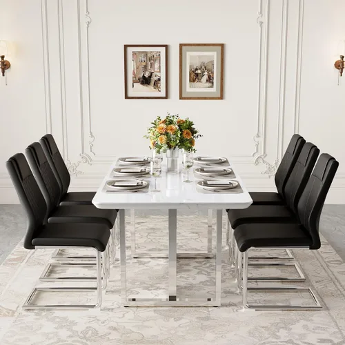 Vista 9 de Juego de mesa de comedor de mármol blanco de 63" para 6 Sillas negras 1