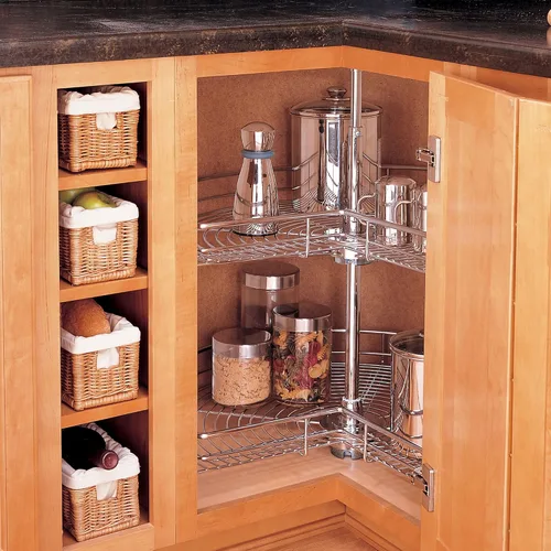 Vista 2 de Rev-A-Shelf Organizador Lazy Susan con doble estante en forma de riñón para gabinetes de cocina con base de esquina, bandejas giratorias de alambre