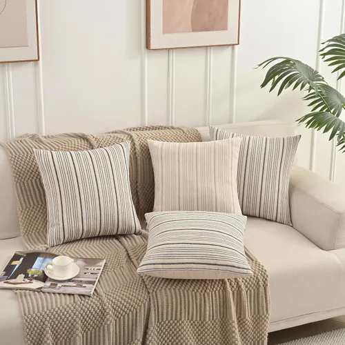Vista 4 de Fundas de almohada negras de lino para granja, fundas de almohada decorativas a rayas para exteriores, fundas de almohada cuadradas para sofá, cama