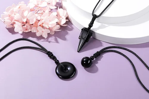 Vista 4 de Jovivi Juego de 3 collares de piedra de cristal curativo para hombres y mujeres, amatista natural, obsidiana negra, ojo de tigre, piedras preciosas
