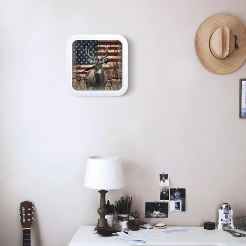 Vista 6 de 10" Square Modern Wall Clock,Americana Flag Deer Print Kitchen Clocks Wall Battery Operated,Silent Non Ticking Unique Funny Cute Wall Clock for