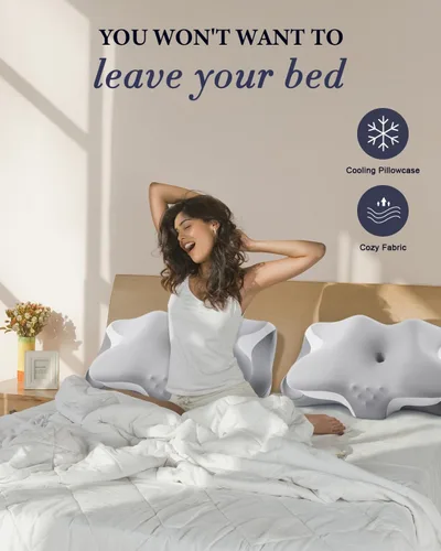 Vista 7 de Almohada cervical para el alivio del dolor de cuello, almohadas de espuma viscoelástica de enfriamiento ergonómicas para dormir con funda de Gris