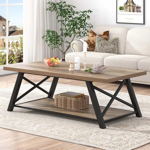Vista 3 de EXCEFUR Mesa de centro moderna, mesa central rectangular para sala de estar con estante de almacenamiento, mesa de té de cóctel industrial de madera