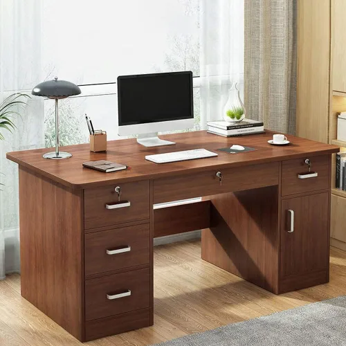 Vista 2 de Escritorio contemporáneo para computadora, escritorio rectangular de oficina con cajones, banco de trabajo de oficina, escritorio individual