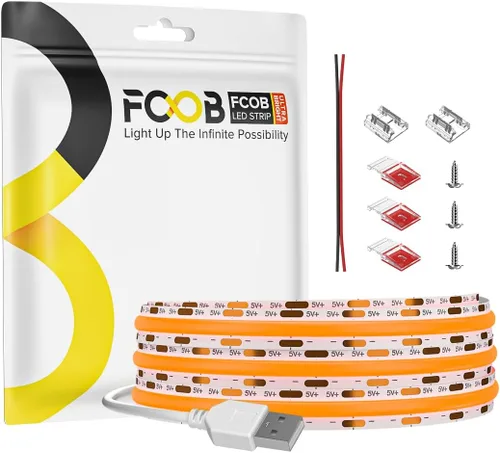 Vista 15 de Tira de luz LED USB de 6.56 pies, 5 voltios alimentada por USB, luces LED COB de 3000 K, blanco cálido de 0.315 in, tiras flexibles de alta densidad