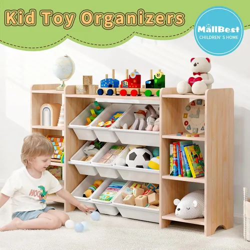 Vista 4 de MallBest Estante organizador de almacenamiento de juguetes para niños de 4 niveles, 100% madera maciza, armario de almacenamiento extra ancho