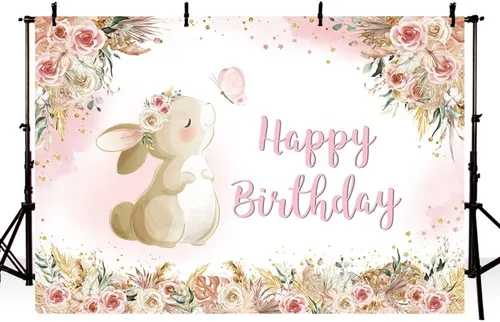 Vista 3 de MEHOFOND Fondo floral de cumpleaños para niñas, acuarela, bohemio, flores, conejo, día de Pascua, fotografía de fondo, pancarta de feliz cumpleaños