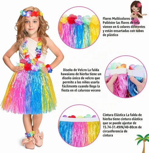 Vista 3 de Fortuning's JDS Falda hawaiana de hierba hula para niña, con flores elásticas a juego, juego de disfraz para fiesta de playa tropical Luau Azul