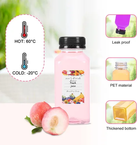 Vista 9 de 48 botellas de plástico vacías de 8 onzas, recipientes transparentes para bebidas caseras con tapas negras a prueba de manipulaciones para jugos