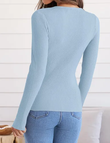 Vista 4 de ZESICA - Camisas de manga larga y cuello redondo para mujer, suéter básico e informal de punto y corte ajustado para primavera