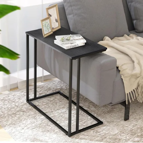 Vista 2 de Mesa auxiliar en forma de C, moderna mesa auxiliar con marco de metal, diseño que ahorra espacio para sala de estar, mesa de sofá de superficie Negro