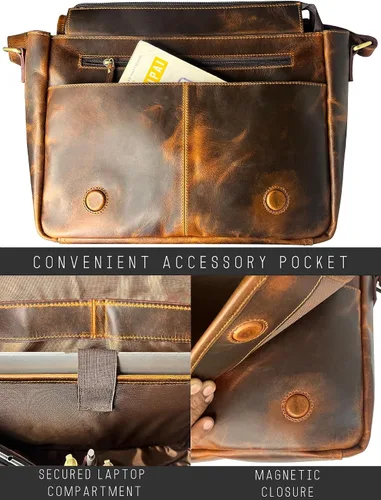 Vista 5 de Bolso de mensajero de cuero para hombre, 14 pulgadas, bolso de cuero para laptop, bolso cruzado vintage para oficina, bolso de hombro de viaje