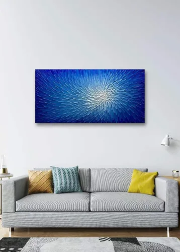 Vista 3 de AMEI Arte, 24 x 48 pulgadas, pintado a mano, obra de arte moderna con flores azules y blancas, pintura al óleo de madera en el interior enmarcado