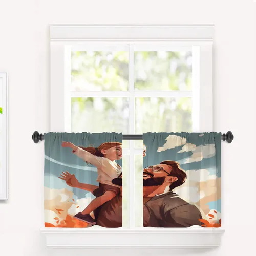 Vista 120 de Cortinas de cocina de hojas de arce otoñales para ventanas, hojas verdes y rojas sobre cenefas opacas negras, tratamientos de ventana de poliéster