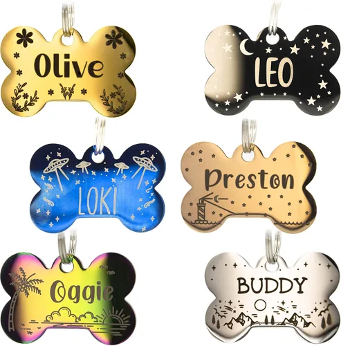 Vista 15 de Placa de identificación personalizada para perro con 5 líneas con grabado personalizado y profundo de acero inoxidable duradero, tamaño pequeño