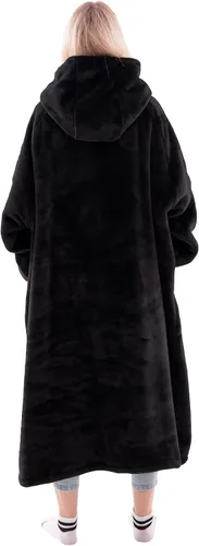 Vista 2 de Waitu - Sudadera tipo manta, para regalar a hombre o mujer, muy cálida y acogedora, gigantesca, con capucha, de gruesa franela, con mangas y un Negro