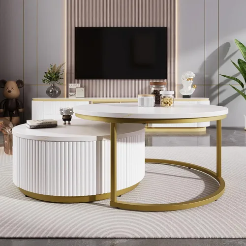 Vista 6 de Moderna mesa de centro redonda anidable acanalada con cajón en blanco y dorado en 27.6 pulgadas