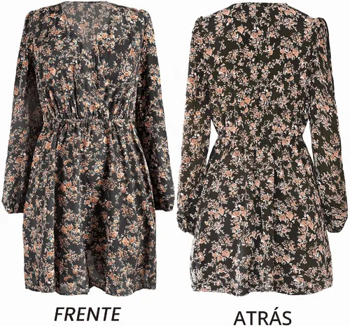 Vista 4 de CUPSHE Mini vestido floral con volantes, manga campesina, vestido de otoño, casual, vacaciones Negro