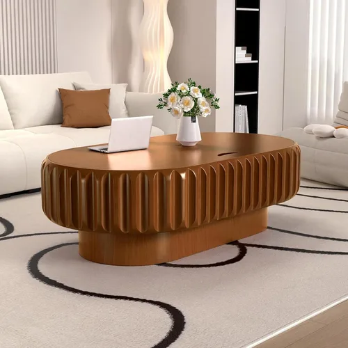 Vista 7 de Mesa auxiliar ovalada con almacenamiento, mesa de centro moderna acanalada de 43.3 pulgadas con tapa extraíble para sala de estar, mesa central