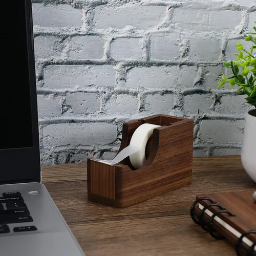 Vista 7 de Buqoo Dispensador de cinta de madera de nogal con soporte para bolígrafo integrado, organizador de escritorio todo en uno para oficina/escuela