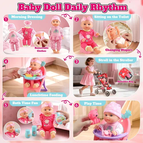 Vista 3 de Juego de Cochecito de Muñeca Bebé - Una Muñeca Bebé de 12.5" con Accesorios para Muñecas y 2 Juegos de Ropa, Cochecito de Muñeca para Niños Pequeños