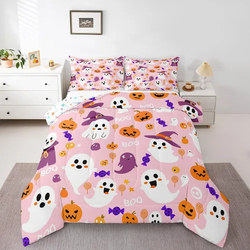 Vista 12 de Feelyou Juego de edredón de Halloween, color rosa fantasma, juego de ropa de cama tamaño individual, decoración para niños y niñas, lindo juego
