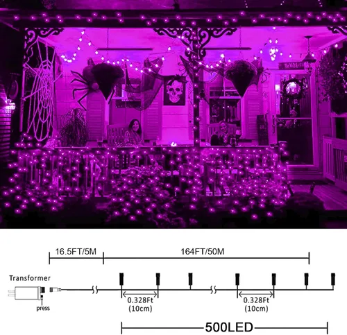 Vista 2 de kemooie 500 luces LED de Navidad rosadas, luces de Navidad de 164 pies para exteriores, enchufables, impermeables, con 8 modos de parpadeo