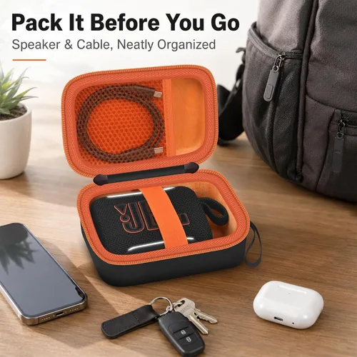 Vista 7 de Funda rígida de transporte para altavoz Bluetooth JBL Go 5/Go 4/Go 3, bolsa de almacenamiento de viaje con forro suave, bolsillo de malla, correa