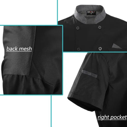 Vista 7 de Chaqueta de chef unisex con doble botonadura trasera, malla completa, ligera, costura de color, uniforme de chef