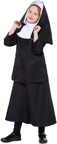 Vista 3 de Nun Costume For Kids Girl Dress Catholic Sister Robe Priest Halloween Outfit Carnival Cosplay Child Gothic Head Wrap