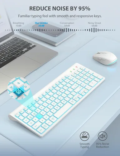 Vista 5 de SABLUTE Wireless Keyboard and Mouse Combo Backlit - Compact Quiet Keyboard with RGB Mouse, Rechargeable, Slim, Sleep Mode, Portable Cordless Set for