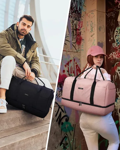 Vista 2 de BAGSMART - Bolsa de viaje grande de 40 litros, bolsa de mano para hombres y mujeres, con compartimento para zapatos, color negro, Negro- 45L