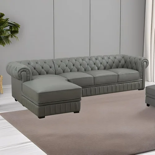 Vista 4 de Sofá seccional en forma de L, conjunto de sofás de cuero, sofá grande de piel de vaca con sillón reclinable a la izquierda, adecuado para oficina