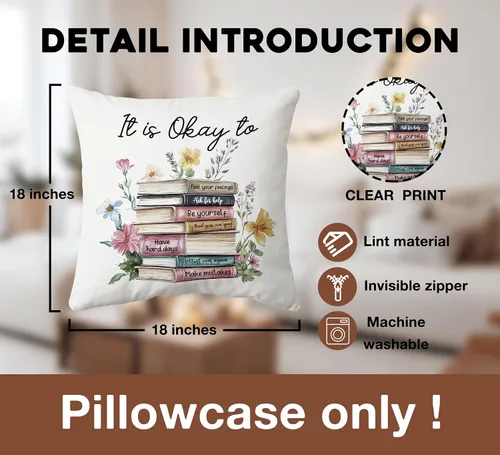 Vista 6 de huester Book Floral Mental Health Pillow Cover 18x18, Positive Affirmations Awareness Motivational Decorative Throw Pillow Cover Pillowcases for