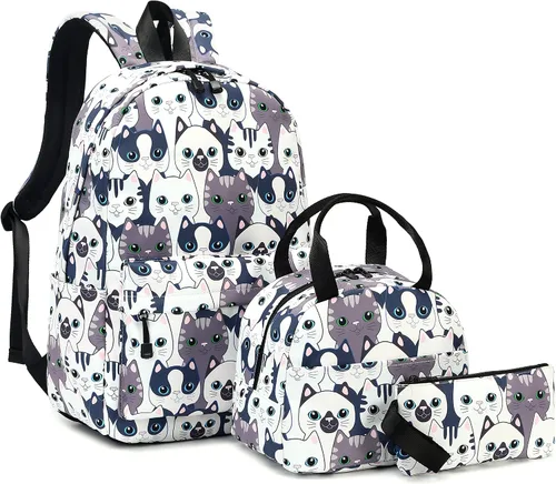 Vista 2 de Joymoze Bolsa de libros resistente al agua para adolescentes con bolsa de almuerzo y monedero para lápices Gato